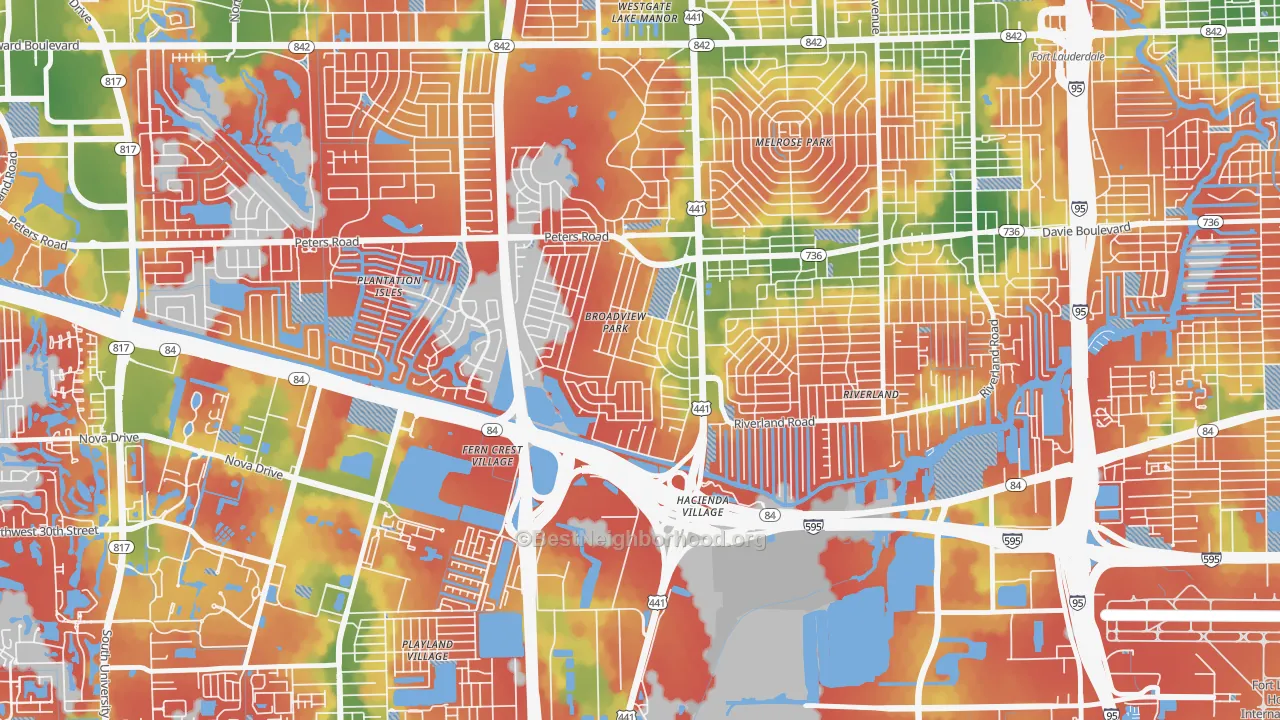 Walk Grade map of Broadview Park, Fort Lauderdale, FL, walkable areas in green and car-dependent areas in red
