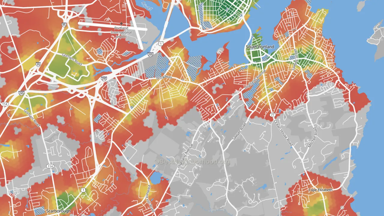 Walk Grade map of Broadview Park, South Portland, ME, walkable areas in green and car-dependent areas in red