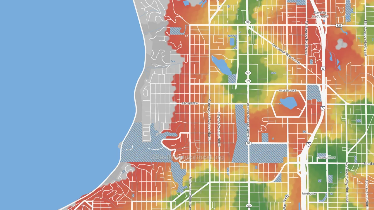 Walk Grade map of Broadview, Seattle, WA, walkable areas in green and car-dependent areas in red