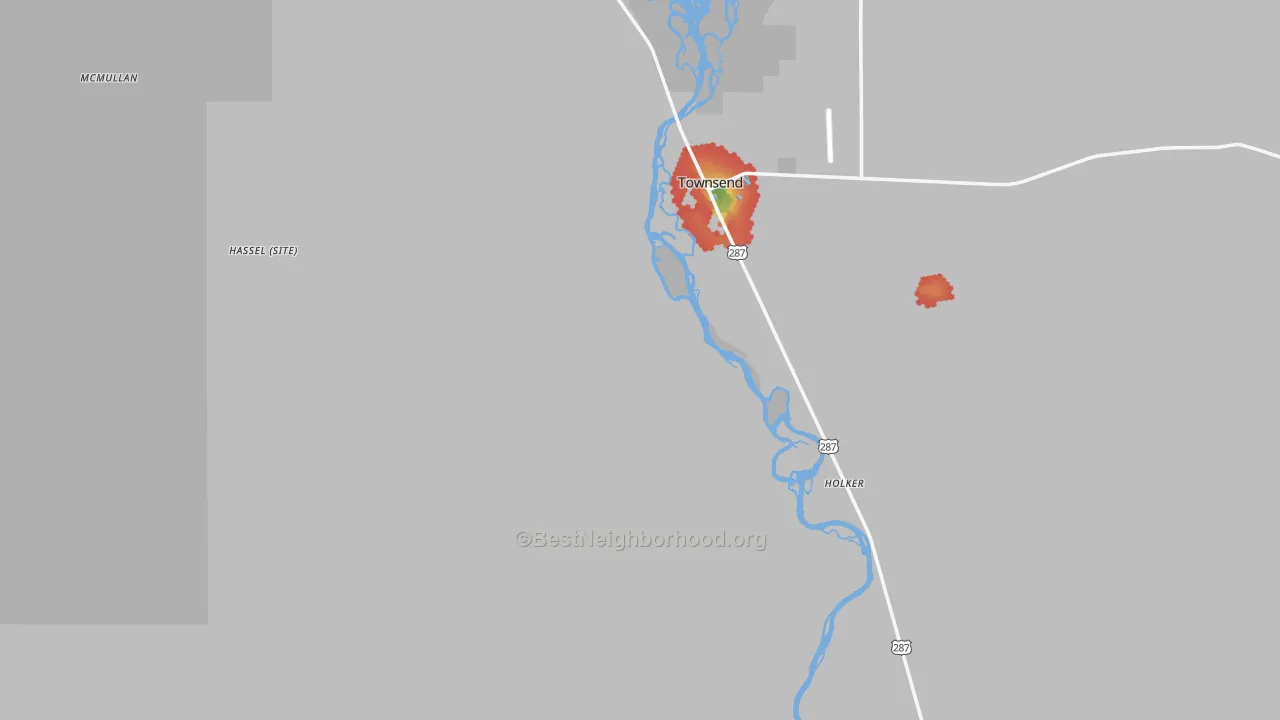 Walk Grade map of Broadwater County, MT, walkable areas in green and car-dependent areas in red