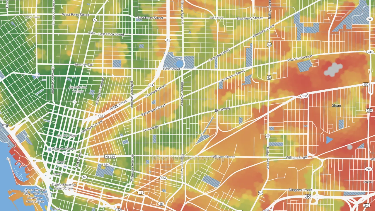 Walk Grade map of Broadway-Fillmore, Buffalo, NY, walkable areas in green and car-dependent areas in red
