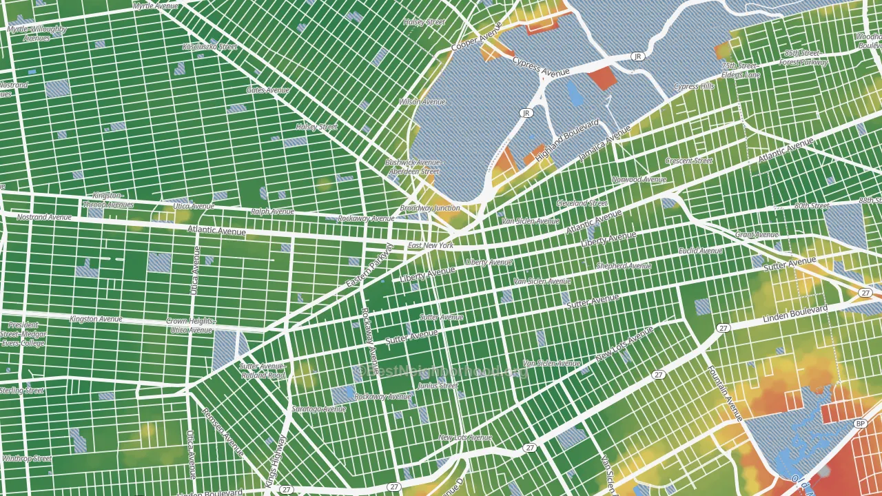 Walk Grade map of Broadway Junction, Brooklyn, NY, walkable areas in green and car-dependent areas in red