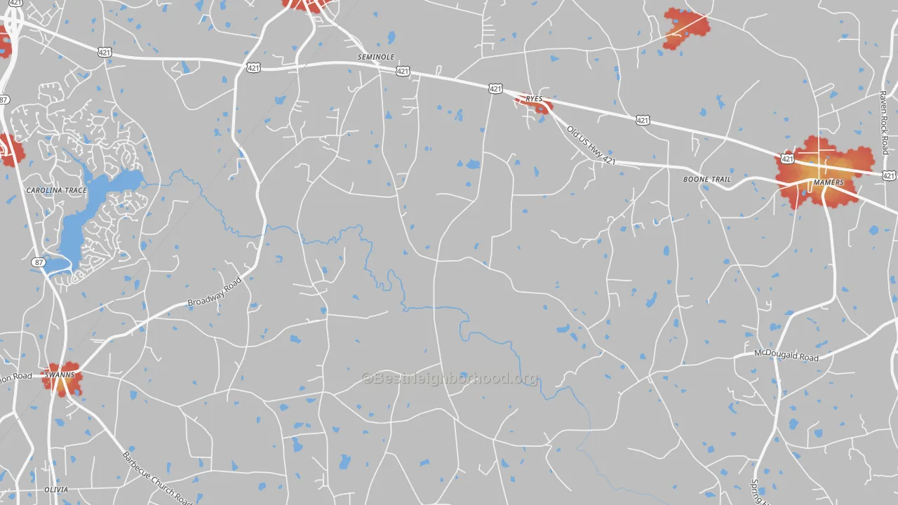 Walk Grade map of Broadway, NC, walkable areas in green and car-dependent areas in red