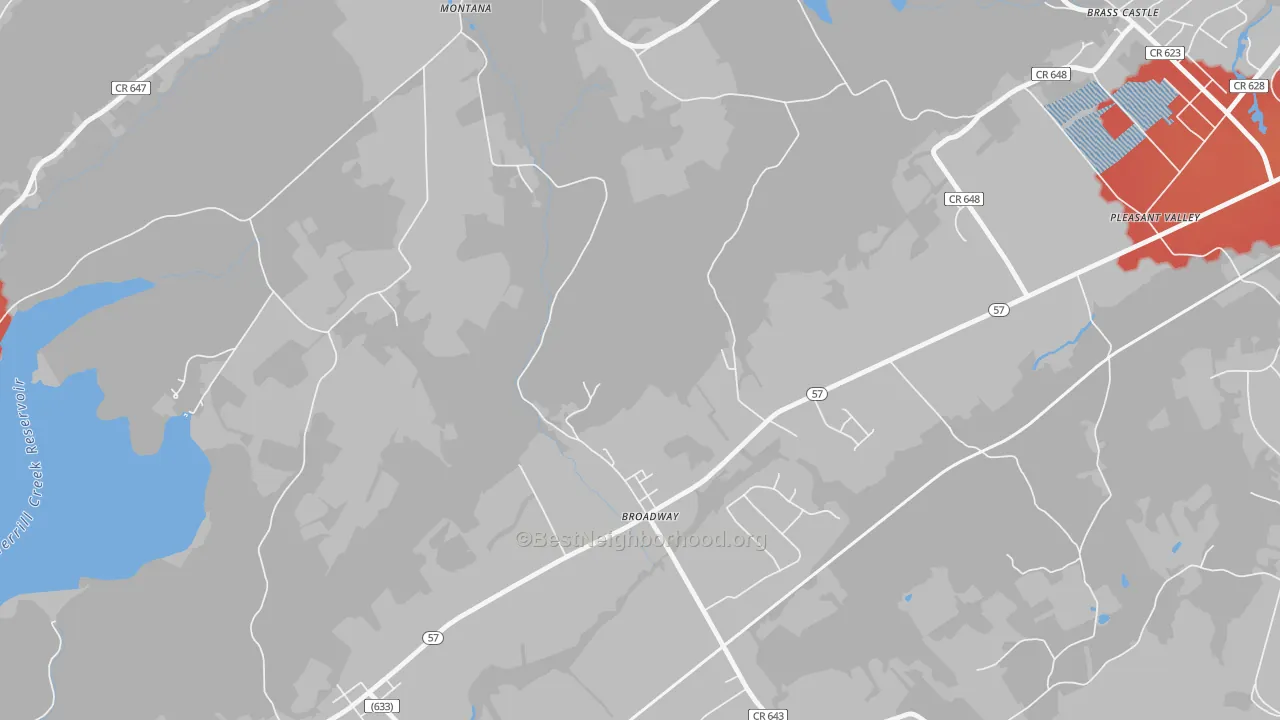 Walk Grade map of Broadway, NJ, walkable areas in green and car-dependent areas in red