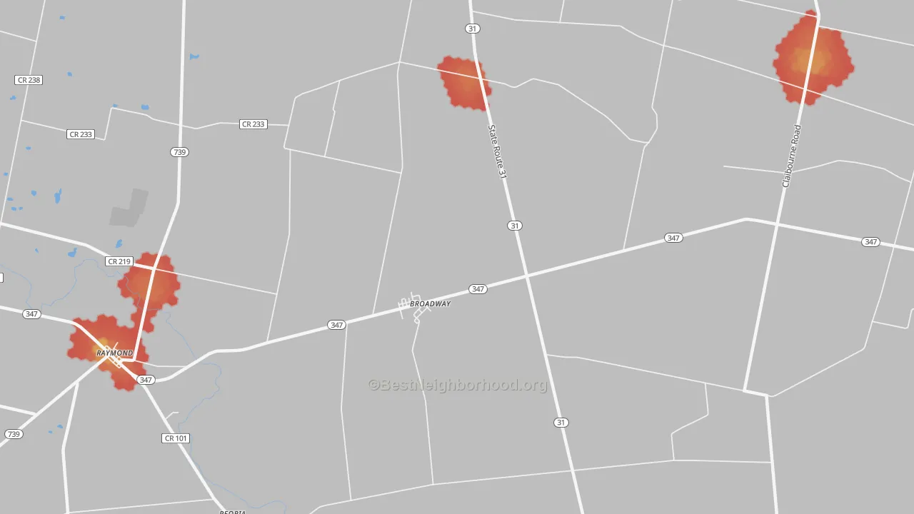 Walk Grade map of Broadway, OH, walkable areas in green and car-dependent areas in red