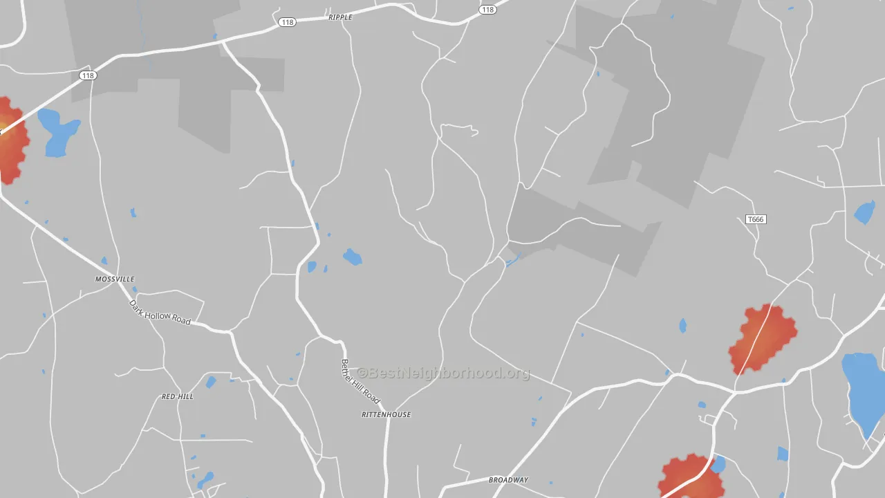 Walk Grade map of Broadway, PA, walkable areas in green and car-dependent areas in red