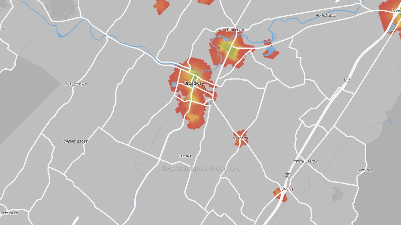 Walk Grade map of Broadway, VA, walkable areas in green and car-dependent areas in red