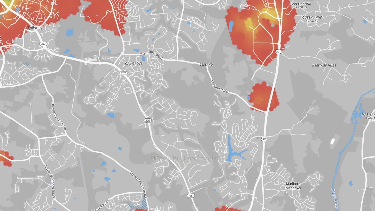 Walk Grade map of Brock Hall, MD, walkable areas in green and car-dependent areas in red