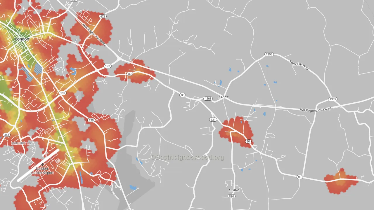 Walk Grade map of Brock, KY, walkable areas in green and car-dependent areas in red