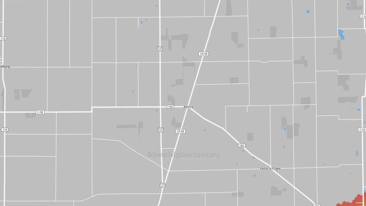 Walk Grade map of Brock, OH, walkable areas in green and car-dependent areas in red