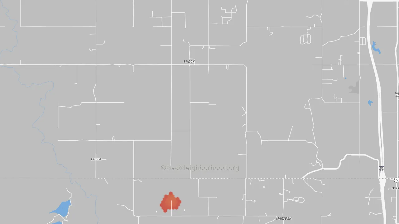 Walk Grade map of Brock, OK, walkable areas in green and car-dependent areas in red