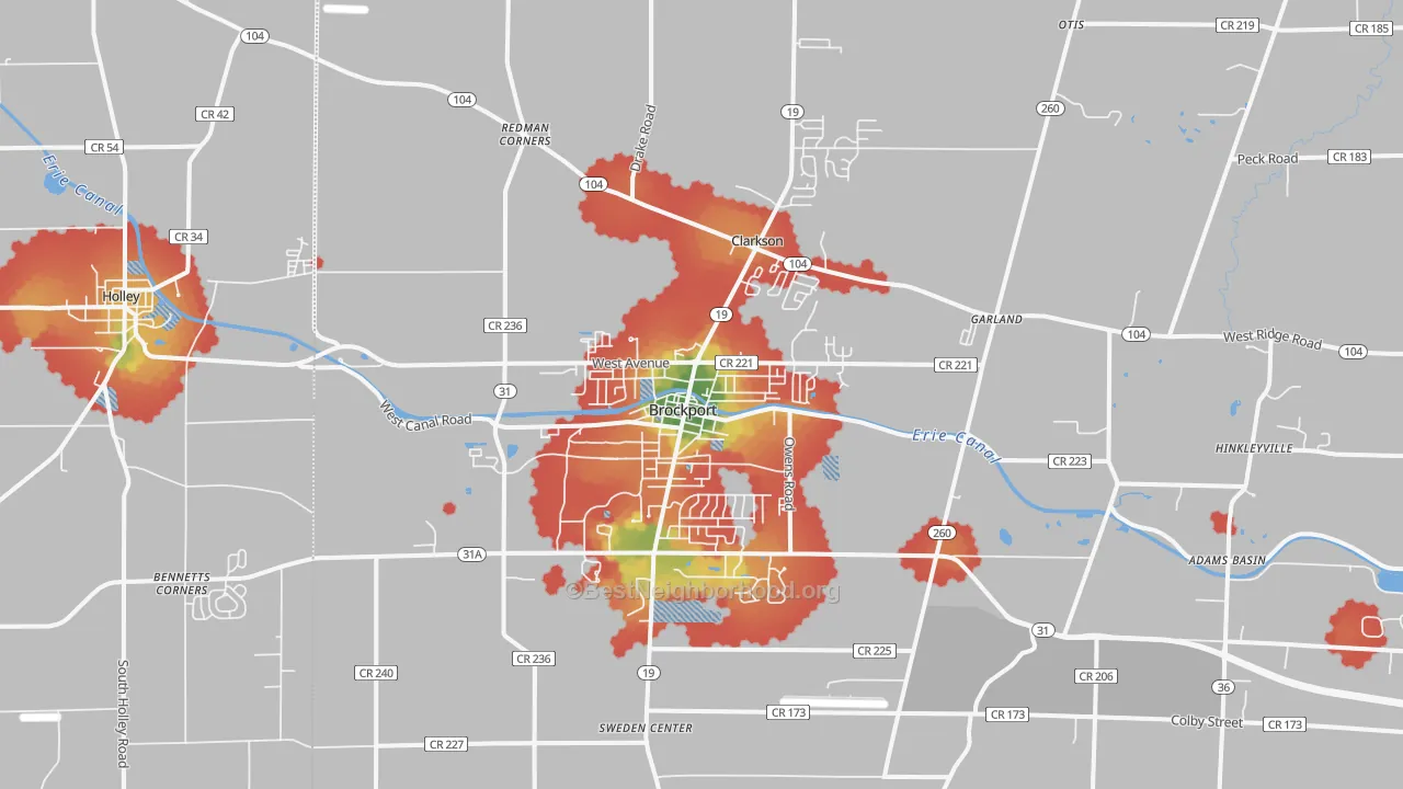 Walk Grade map of Brockport, NY, walkable areas in green and car-dependent areas in red
