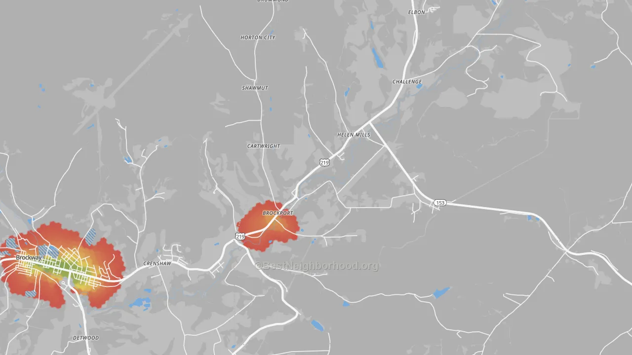 Walk Grade map of Brockport, PA, walkable areas in green and car-dependent areas in red