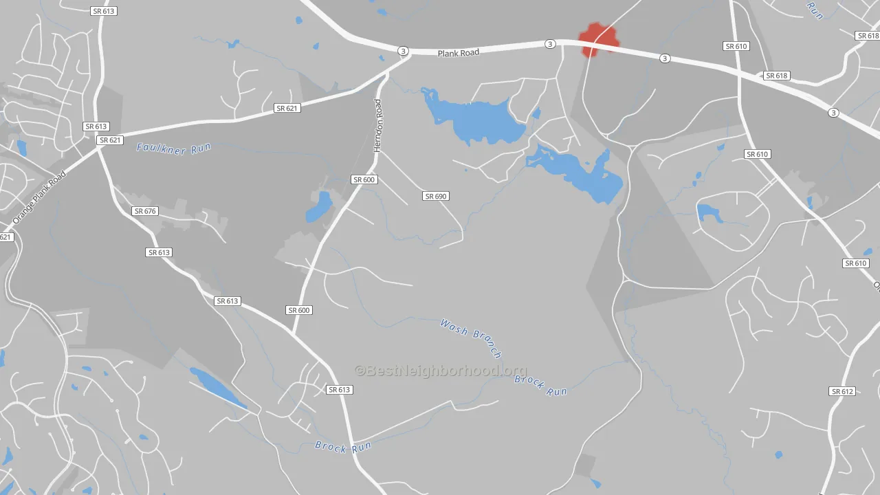 Walk Grade map of Brockroad, VA, walkable areas in green and car-dependent areas in red