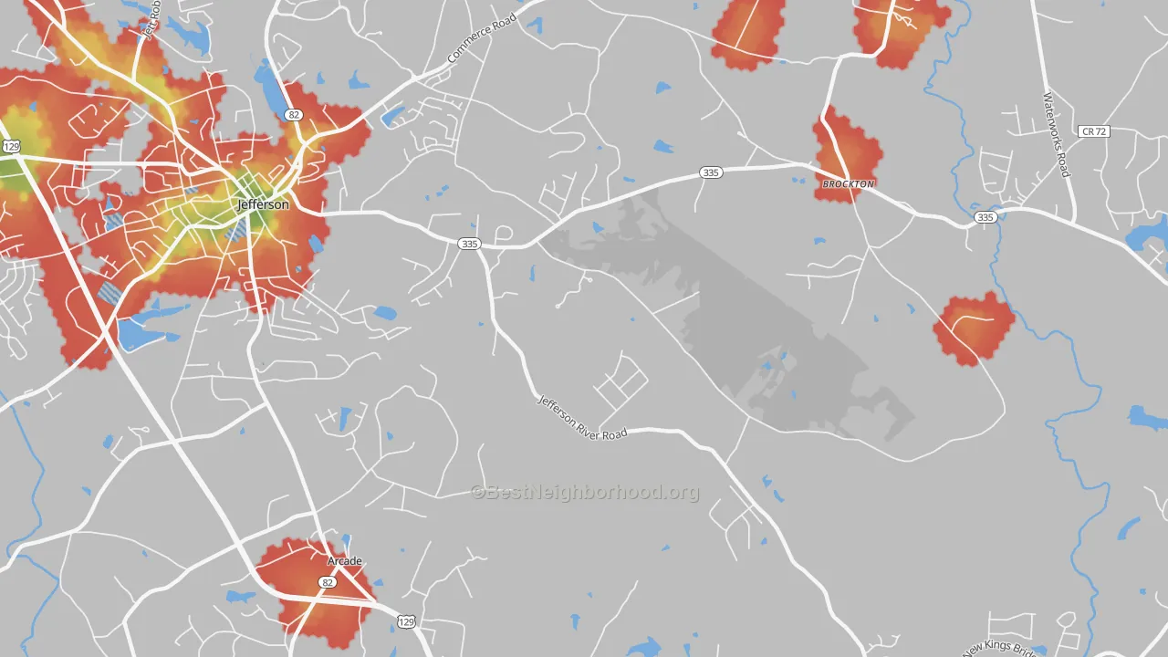 Walk Grade map of Brockton, GA, walkable areas in green and car-dependent areas in red