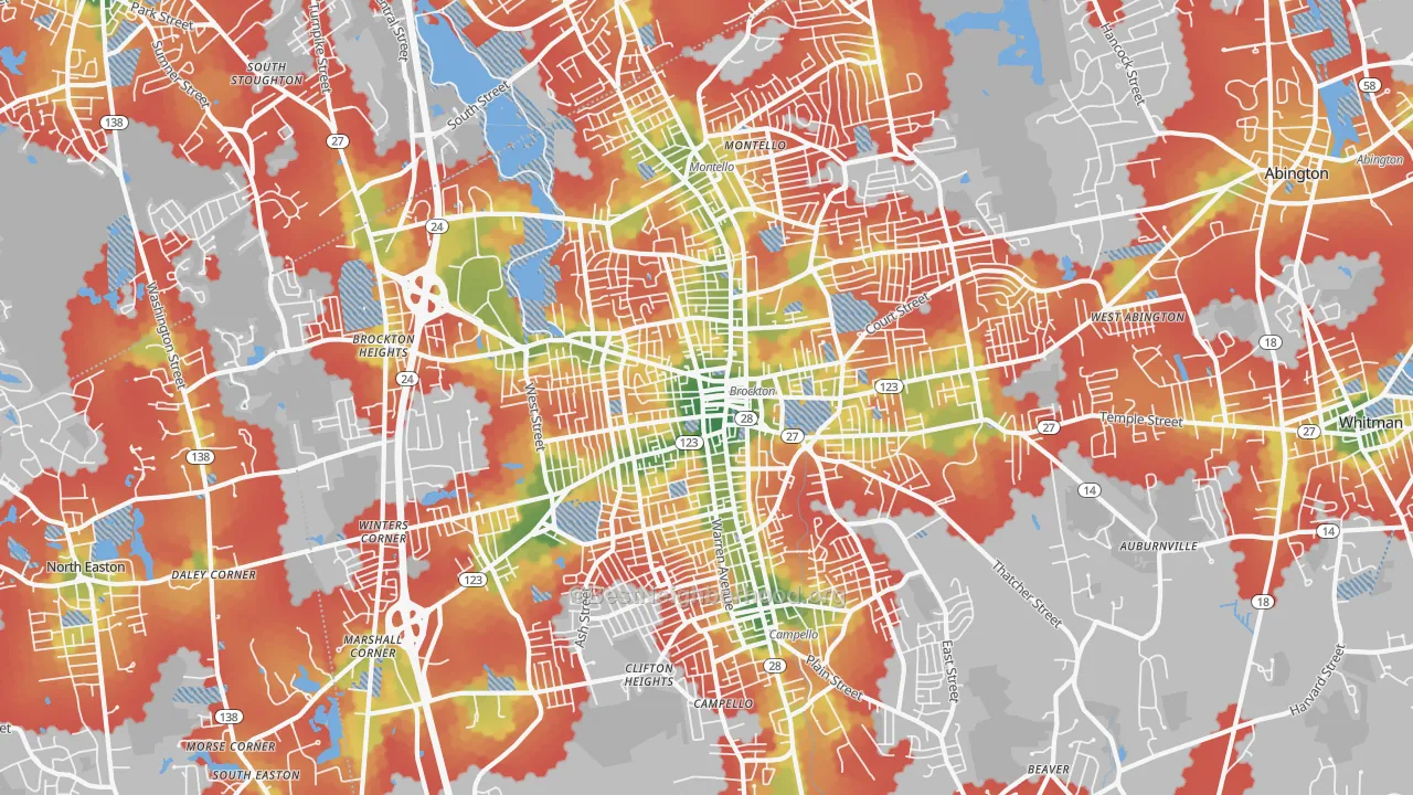 Walk Grade map of Brockton, MA, walkable areas in green and car-dependent areas in red