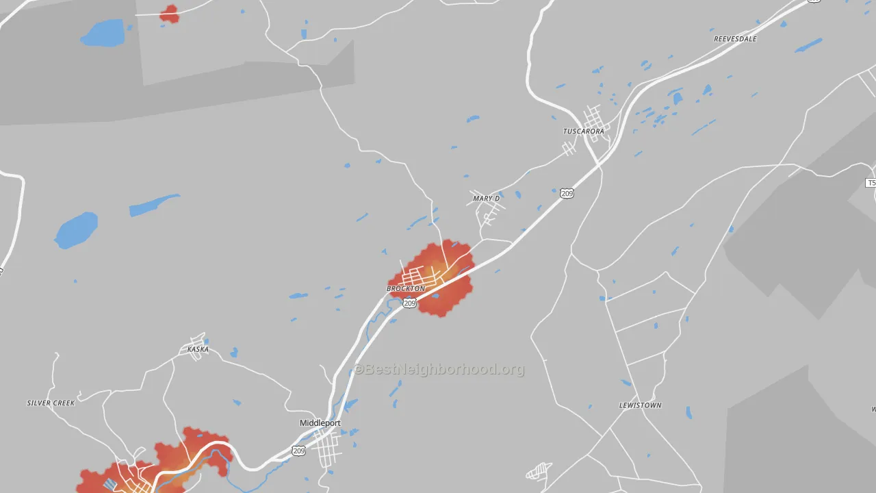 Walk Grade map of Brockton, PA, walkable areas in green and car-dependent areas in red