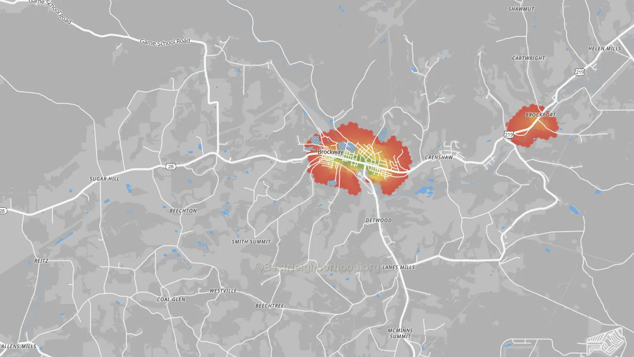 Walk Grade map of Brockway, PA, walkable areas in green and car-dependent areas in red