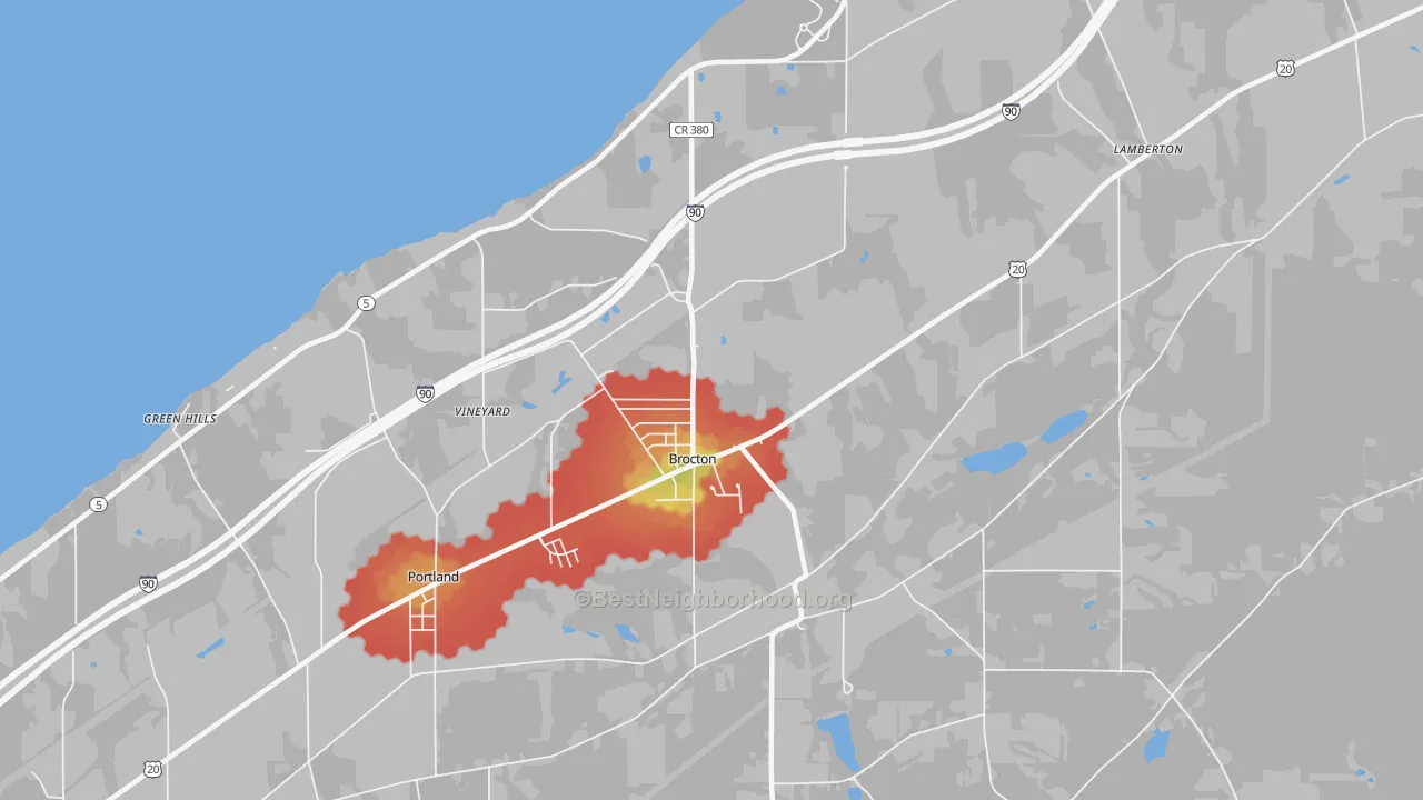 Walk Grade map of Brocton, NY, walkable areas in green and car-dependent areas in red