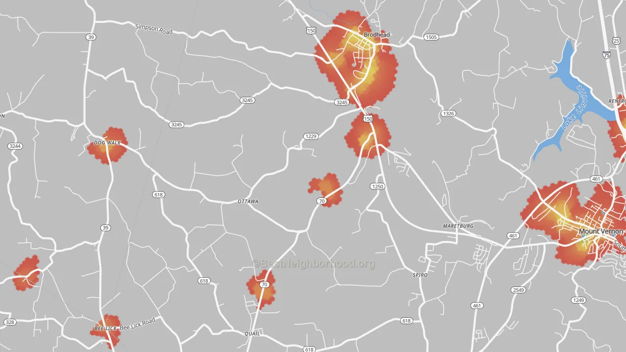 Walk Grade map of Brodhead, KY, walkable areas in green and car-dependent areas in red