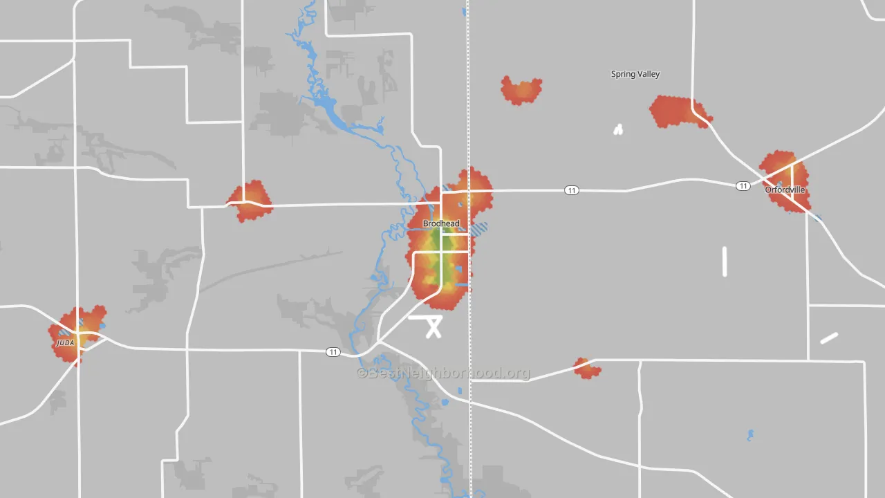 Walk Grade map of Brodhead, WI, walkable areas in green and car-dependent areas in red