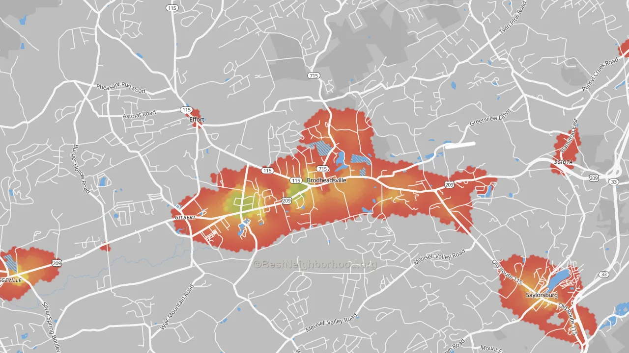 Walk Grade map of Brodheadsville, PA, walkable areas in green and car-dependent areas in red
