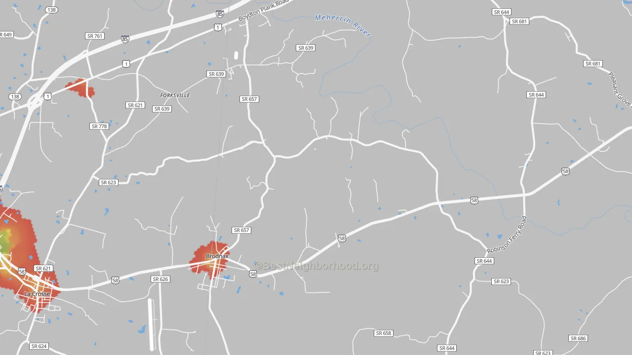 Walk Grade map of Brodnax, VA, walkable areas in green and car-dependent areas in red