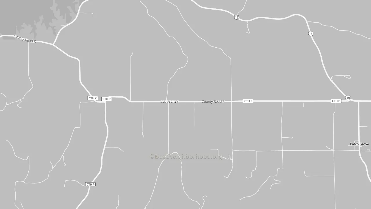 Walk Grade map of Brodtville, WI, walkable areas in green and car-dependent areas in red