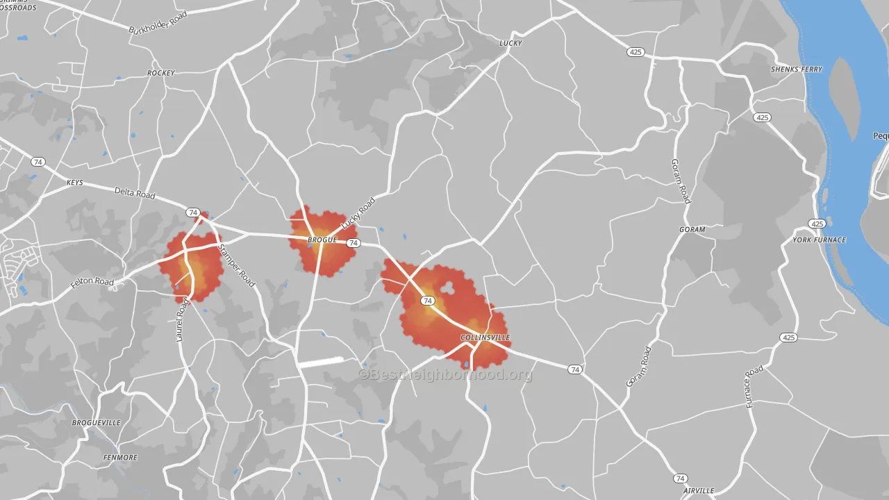 Walk Grade map of Brogue, PA, walkable areas in green and car-dependent areas in red