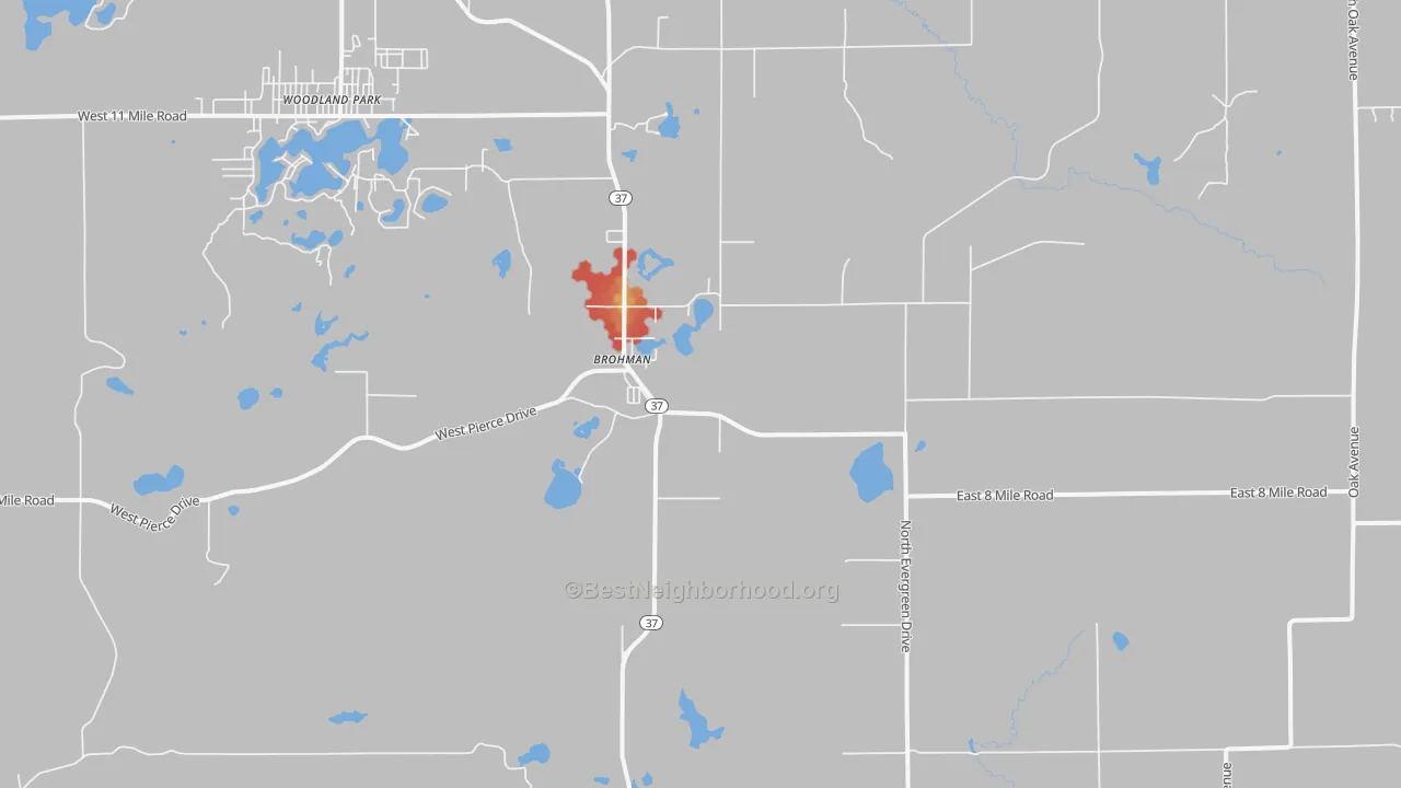 Walk Grade map of Brohman, MI, walkable areas in green and car-dependent areas in red