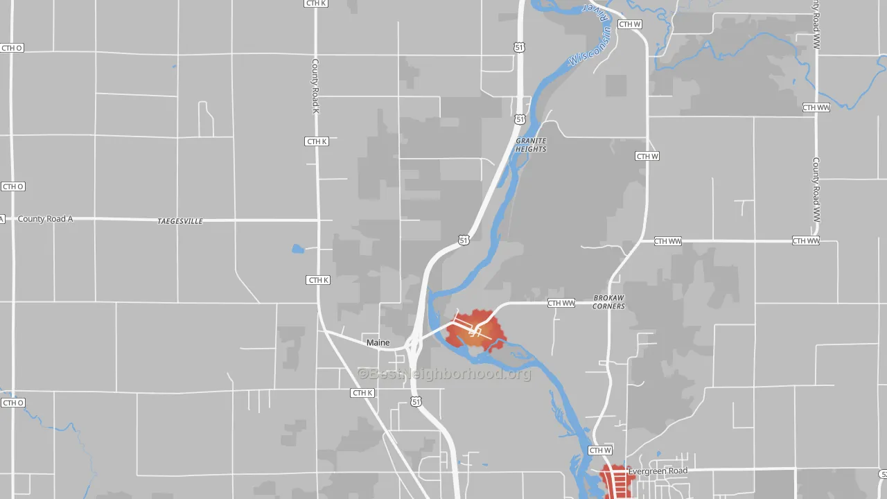 Walk Grade map of Brokaw, WI, walkable areas in green and car-dependent areas in red