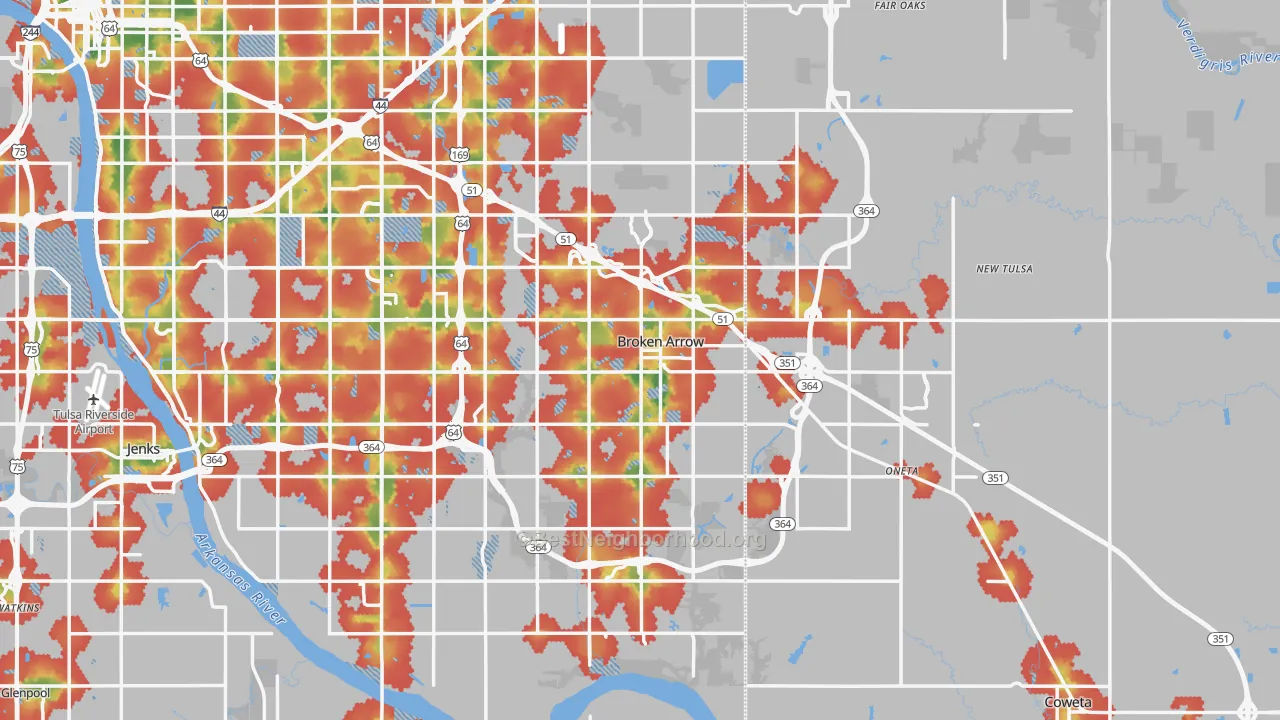 Walk Grade map of Broken Arrow, OK, walkable areas in green and car-dependent areas in red
