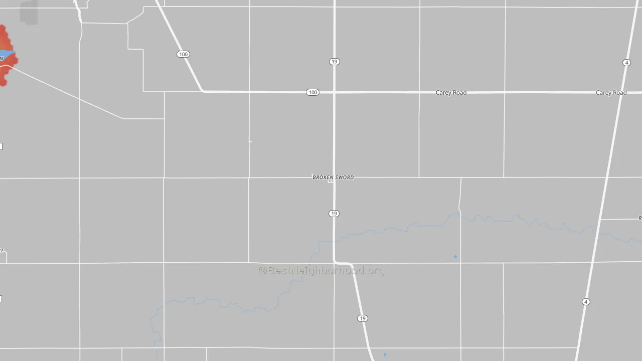 Walk Grade map of Brokensword, OH, walkable areas in green and car-dependent areas in red
