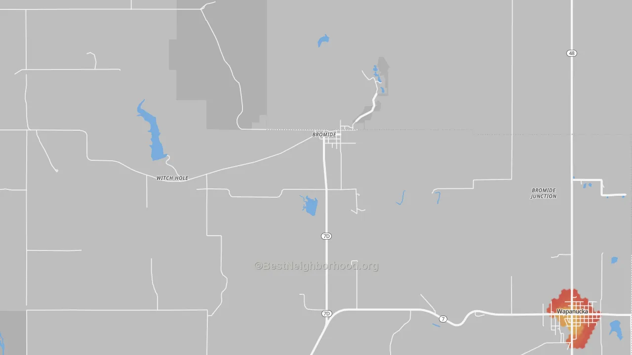Walk Grade map of Bromide, OK, walkable areas in green and car-dependent areas in red