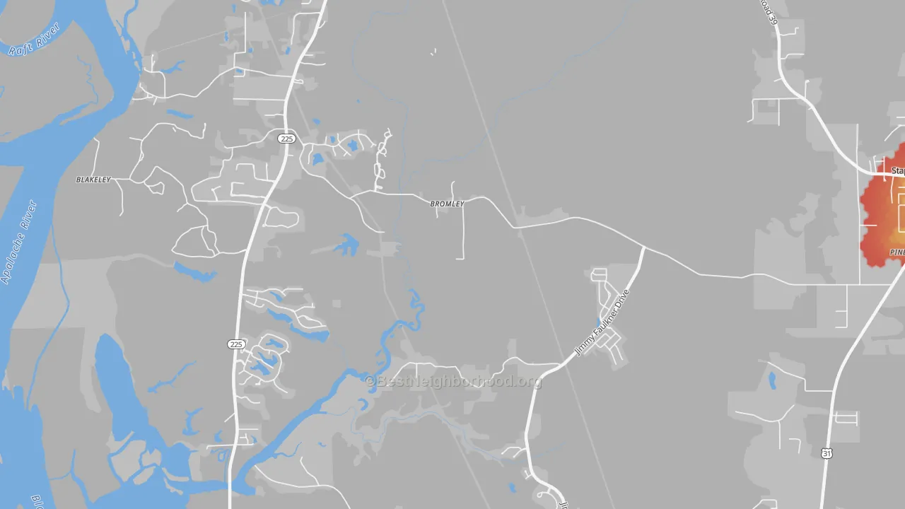 Walk Grade map of Bromley, AL, walkable areas in green and car-dependent areas in red