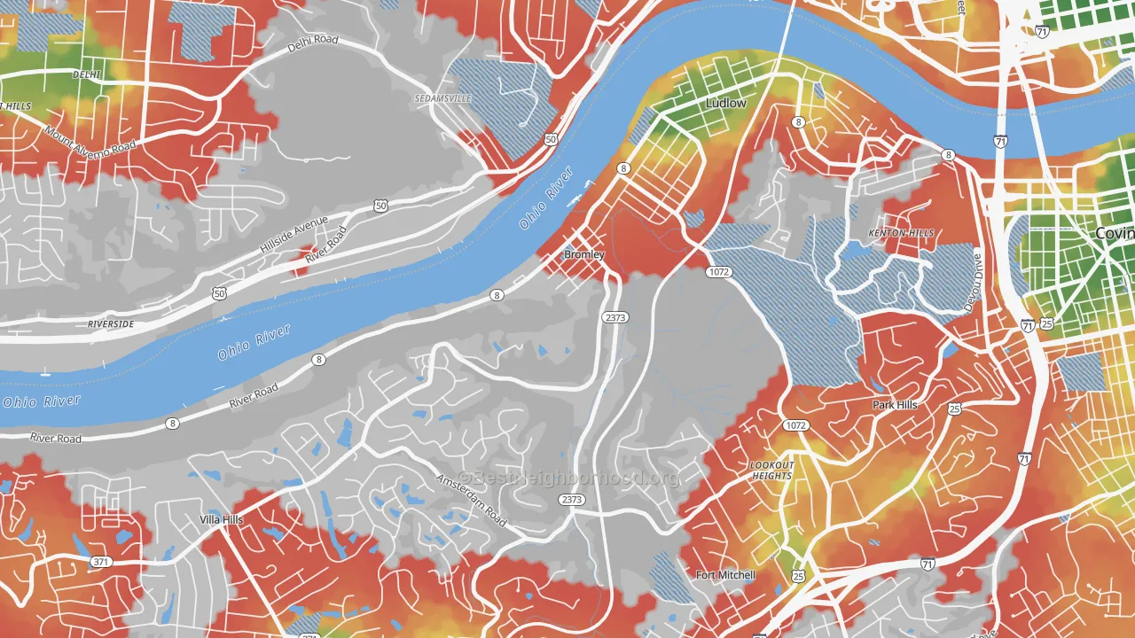 Walk Grade map of Bromley, KY, walkable areas in green and car-dependent areas in red