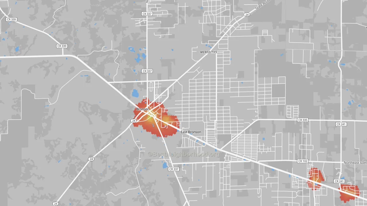 Walk Grade map of Bronson, FL, walkable areas in green and car-dependent areas in red