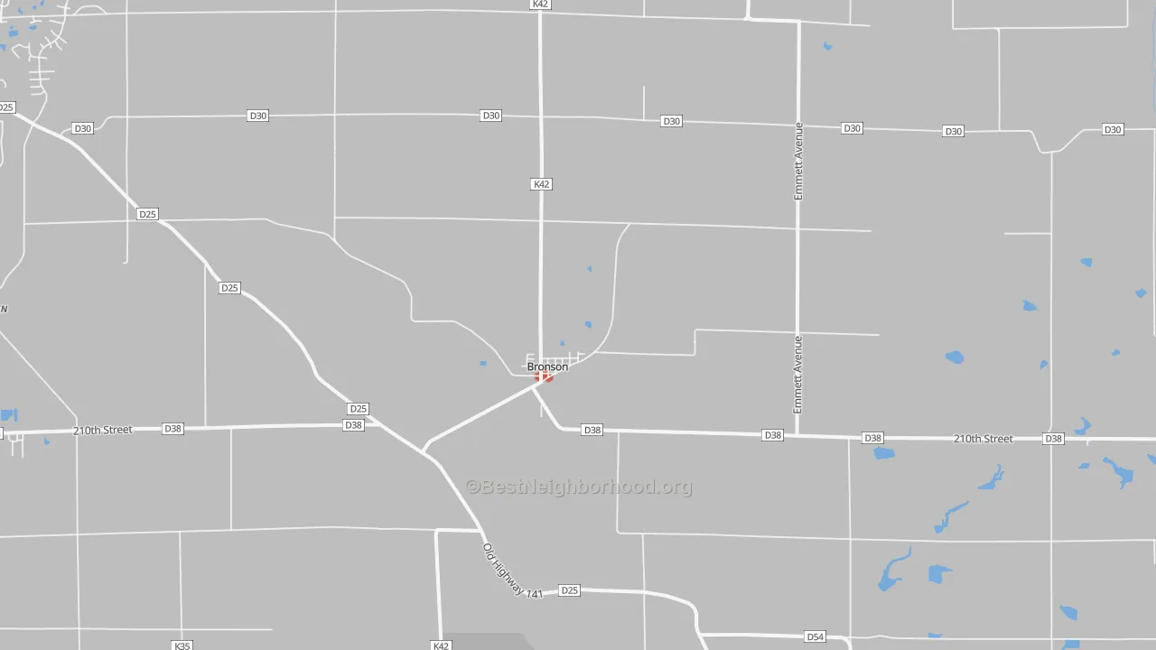 Walk Grade map of Bronson, IA, walkable areas in green and car-dependent areas in red