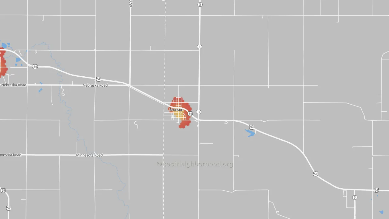 Walk Grade map of Bronson, KS, walkable areas in green and car-dependent areas in red