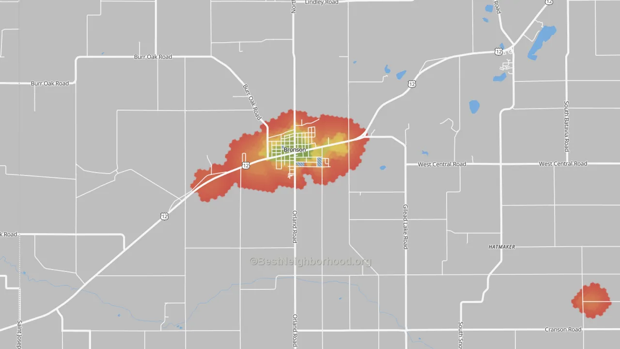 Walk Grade map of Bronson, MI, walkable areas in green and car-dependent areas in red
