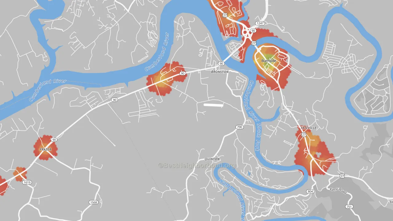 Walk Grade map of Bronston, KY, walkable areas in green and car-dependent areas in red