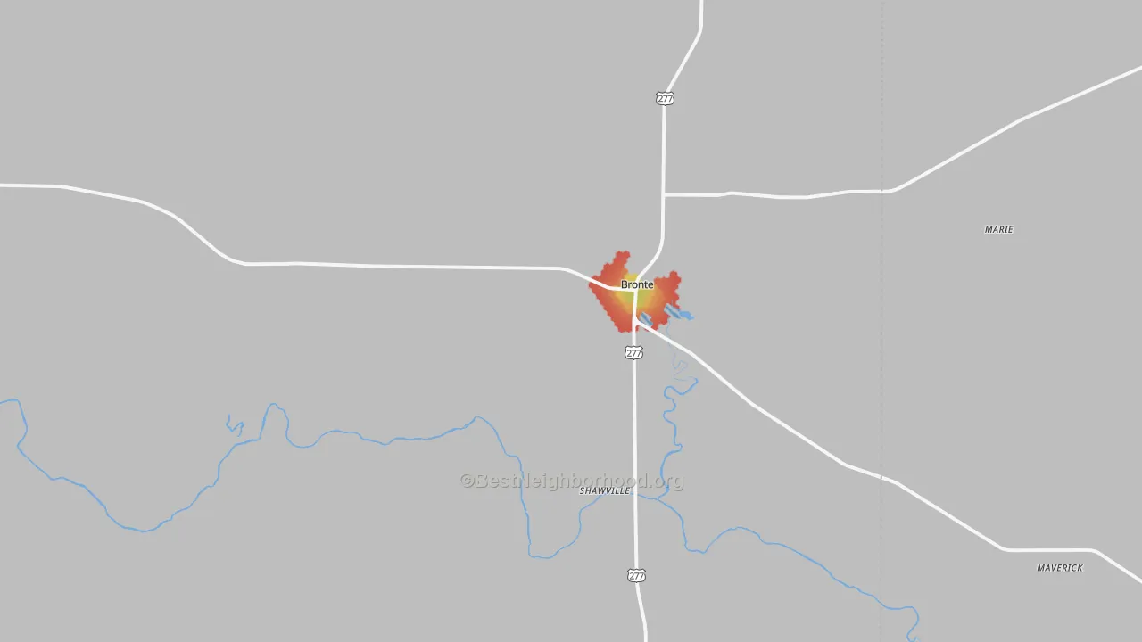Walk Grade map of Bronte, TX, walkable areas in green and car-dependent areas in red