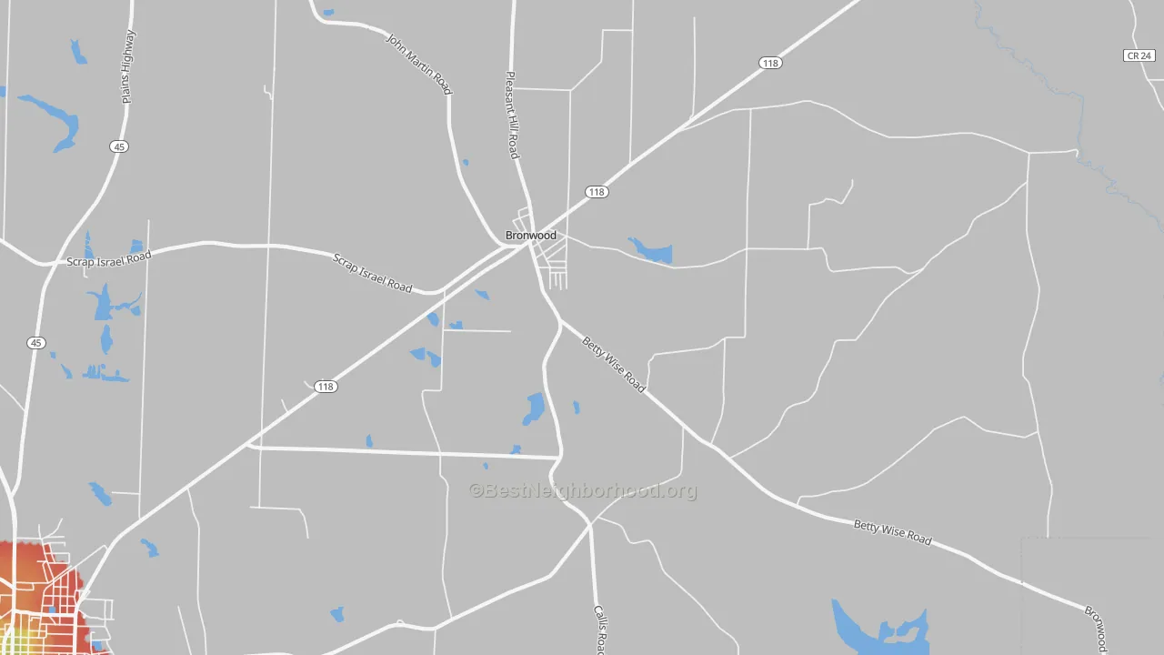 Walk Grade map of Bronwood, GA, walkable areas in green and car-dependent areas in red