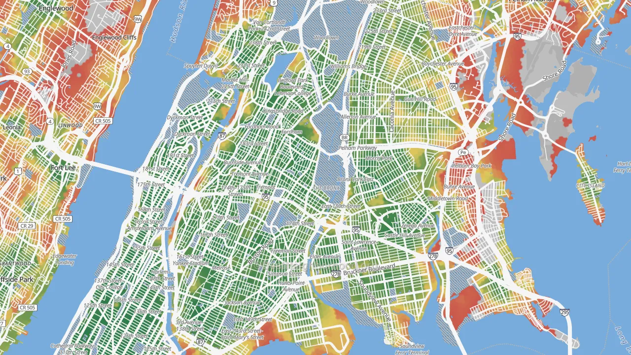 Walk Grade map of Bronx County, NY, walkable areas in green and car-dependent areas in red
