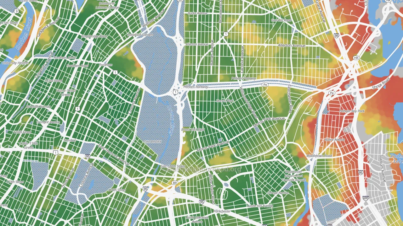 Walk Grade map of Bronxdale, Bronx, NY, walkable areas in green and car-dependent areas in red