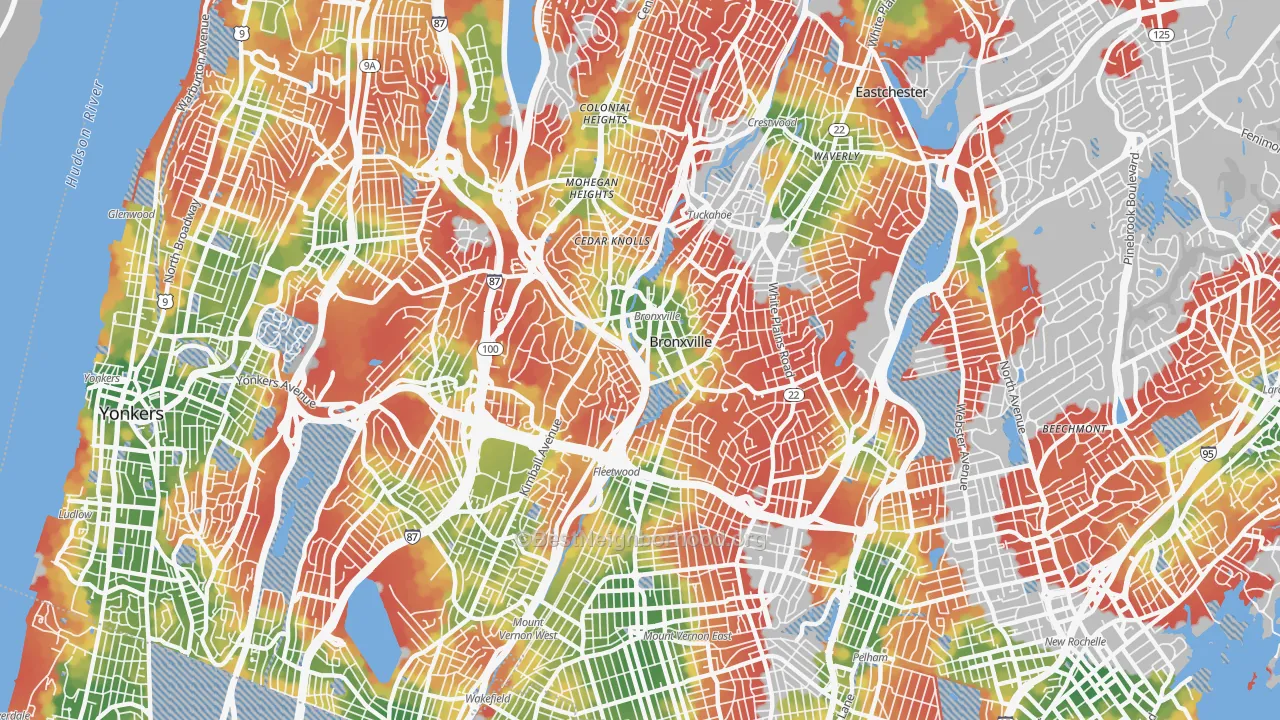 Walk Grade map of Bronxville, NY, walkable areas in green and car-dependent areas in red