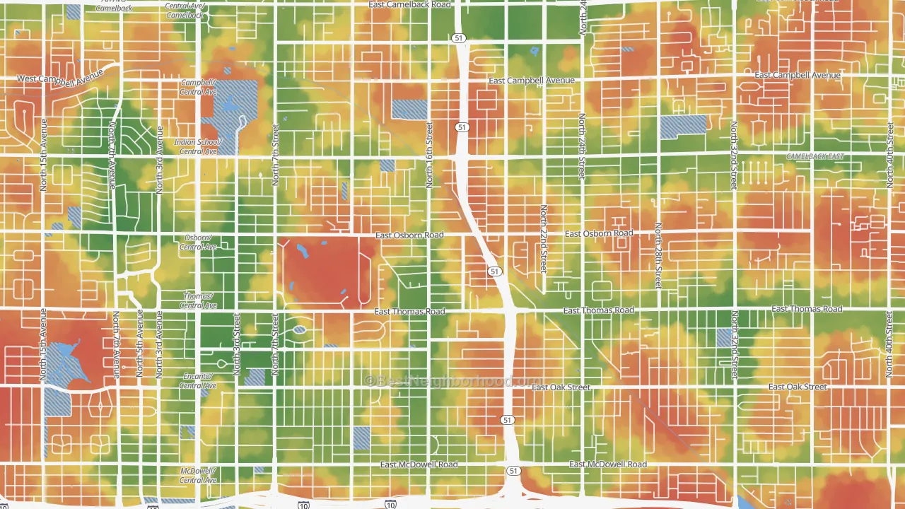 Walk Grade map of Bronze Boot, Phoenix, AZ, walkable areas in green and car-dependent areas in red