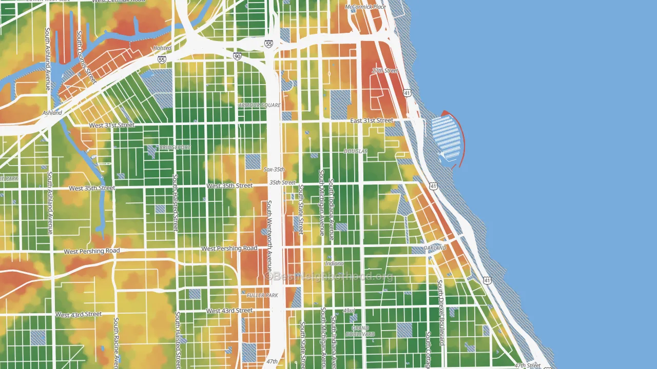 Walk Grade map of Bronzeville, Chicago, IL, walkable areas in green and car-dependent areas in red