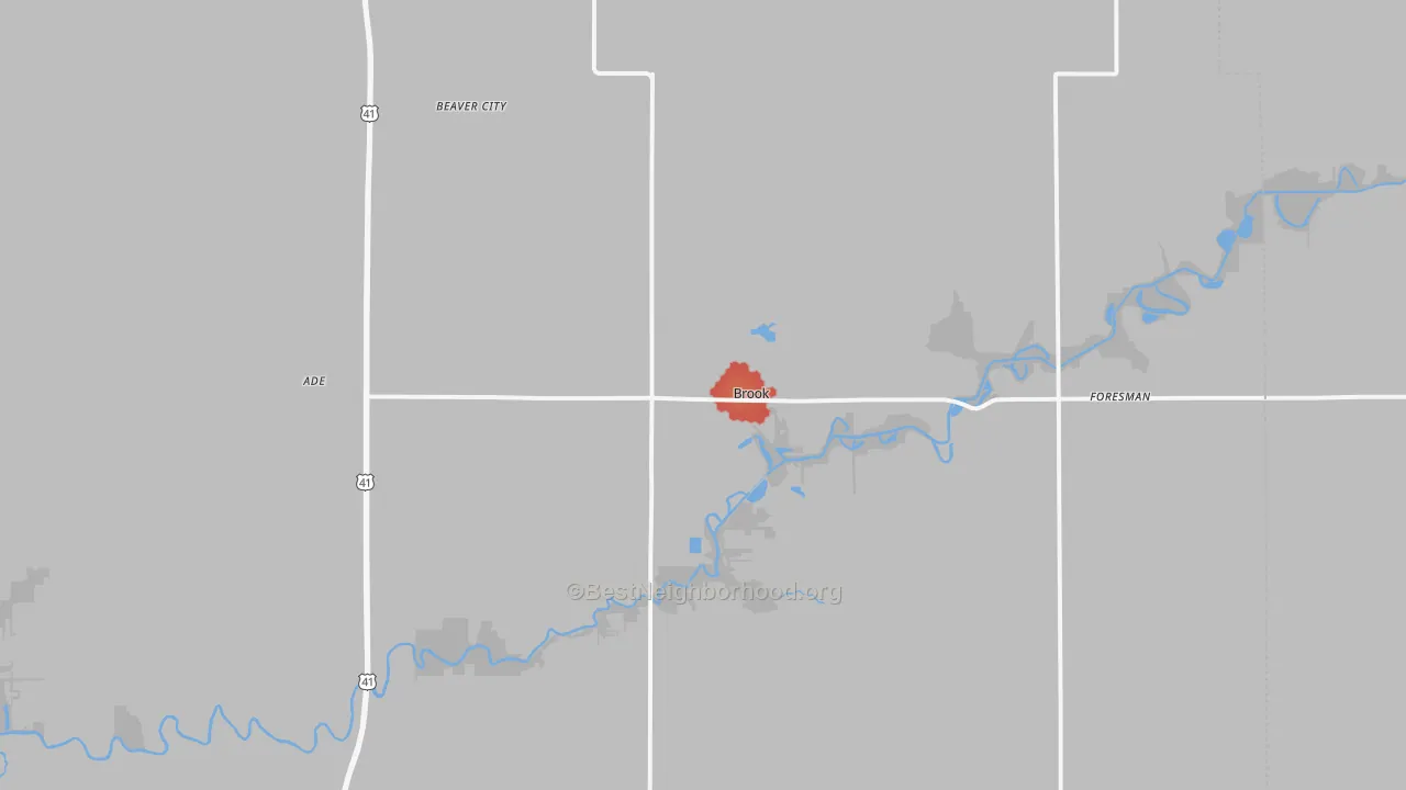 Walk Grade map of Brook, IN, walkable areas in green and car-dependent areas in red