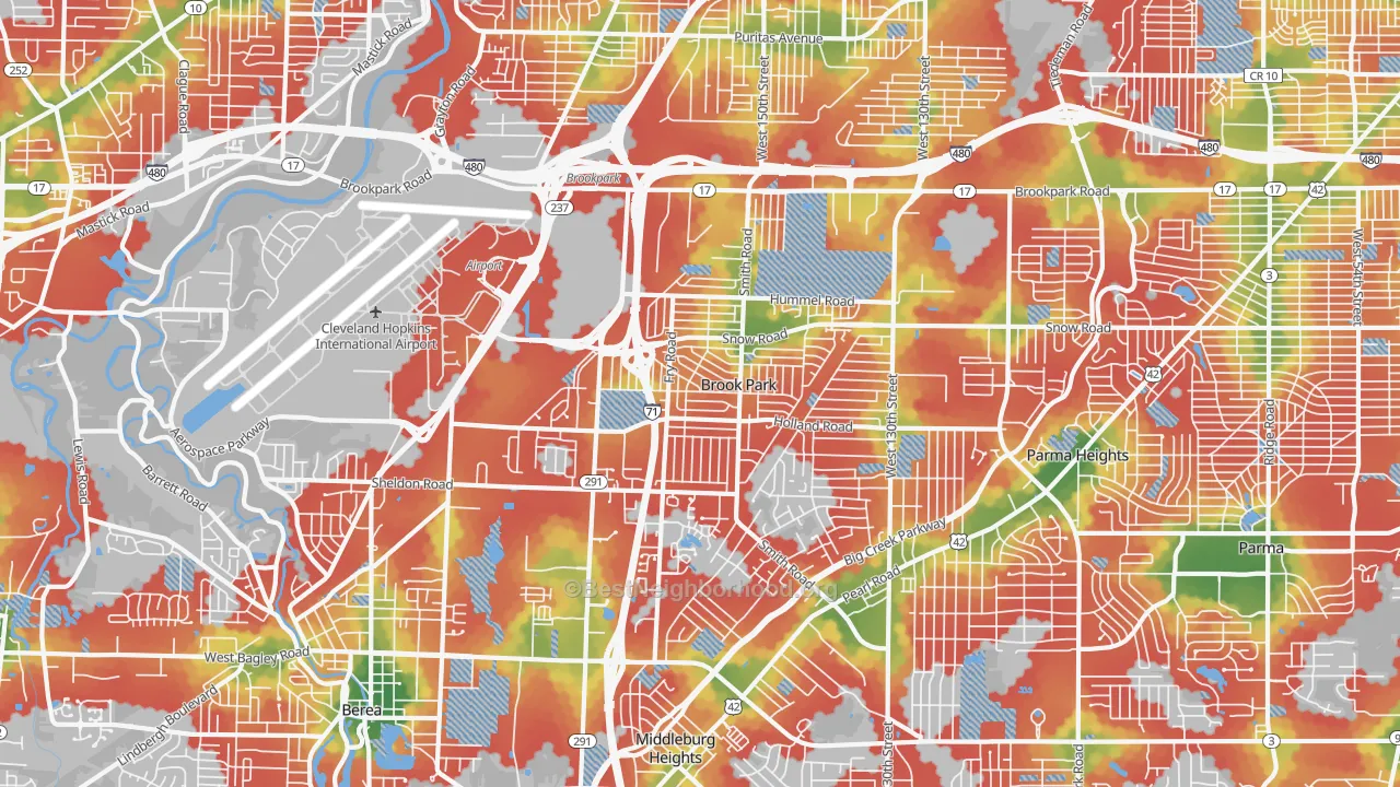 Walk Grade map of Brook Park, OH, walkable areas in green and car-dependent areas in red